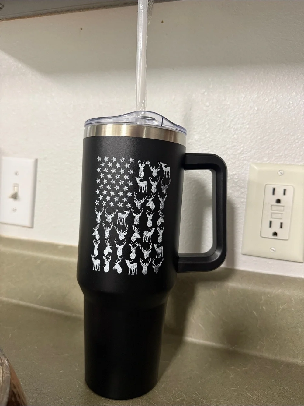 Brand new Black Insulated Travel Mug with Deer Flag Design